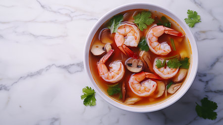 Enjoy a vibrant bowl of fresh shrimp soup, garnished with herbs and spices on a stylish marble background. Perfect for culinary enthusiasts seeking flavor and nourishment.の素材