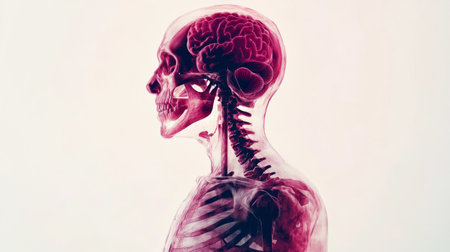 Detailed anatomical illustration showing a human skull and brain from the side. Ideal for educational purposes and scientific visualization in anatomy studies.の素材