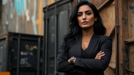 A confident businesswoman stands in an urban setting, showcasing her strong presence in a sleek black suit. Her expression reflects ambition and professionalism.の素材