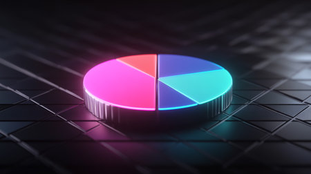 A vibrant 3D pie chart on a dark background, perfect for visualizing data in presentations and reports. Captivating design with modern aesthetics.の素材