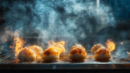 A stunning close-up of steaming hot dumplings cooking on a griddle, featuring flames and smoke, showcasing mouthwatering textures and inviting flavors.の素材