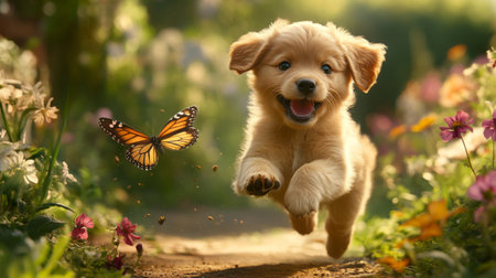 A joyful puppy runs through a vibrant flower garden, playfully chasing a butterfly. This enchanting scene captures the essence of innocence and happiness in nature.の素材