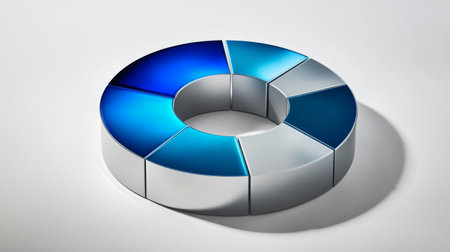 This abstract geometric design features a modern arrangement of blue and silver tones, showcasing a three-dimensional circular shape with vibrant gradients.の素材