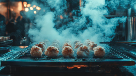 Grilled food emits enticing smoke in a vibrant setting. The atmospheric lighting enhances the culinary experience, showcasing delicious, freshly prepared bites ready for enjoyment.の素材