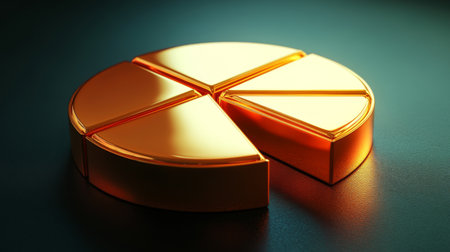 A sleek golden pie chart set on a dark surface, symbolizing business growth and financial analysis. Perfect for marketing and data visualizations.の素材