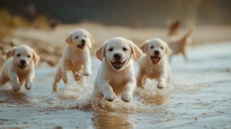 A captivating scene of joyful puppies frolicking in shallow water, capturing the essence of playfulness and friendship in a sunny outdoor setting.の素材