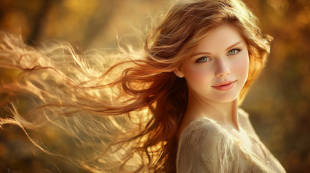 A serene portrait of a young woman with flowing hair, captured in nature's warm light, exuding beauty and tranquility in a dreamy outdoor setting.の素材