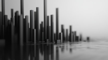 This abstract image depicts a black and white cityscape with tall structures mirrored in a calm surface, emphasizing modern minimalism and artistic reflection.の素材