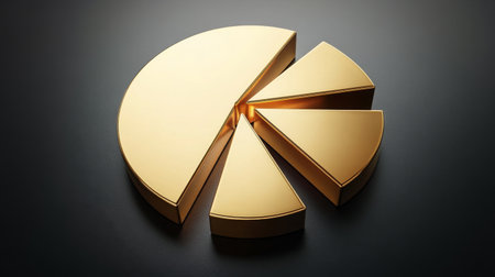 A stunning golden pie chart symbolizing data analysis, showcasing segments of business performance. Ideal for financial reports and presentations.の素材