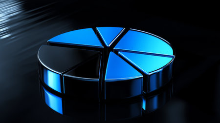 A stylish blue pie chart reflecting on a dark background, perfect for representing data analysis, business statistics, and financial insights in a modern design.の素材