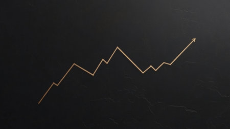 This image features an abstract golden graph line on a dark background, symbolizing growth and upward movement in finance and business analysis.の素材