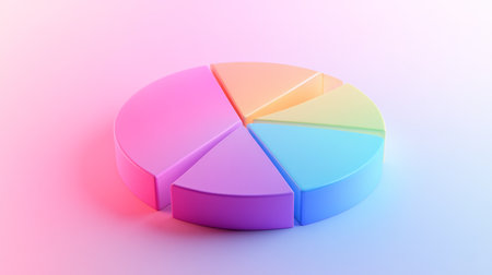 A vivid 3D pie chart on a soft gradient background showcases vibrant colors, ideal for representing data in business and educational presentations.の素材