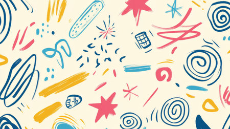 Vibrant abstract shapes playfully scattered on a light background. This artistic design features a variety of colors, lines, and swirls, perfect for creative projects.の素材