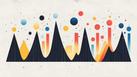 This colorful abstract graphic features peaks and spheres in a vibrant design. Perfect for modern projects needing a bold and playful touch.の素材