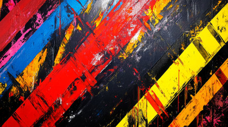 A vivid abstract artwork featuring bold stripes in red, yellow, blue, and black. This striking composition exudes creativity and modern artistic flair.の素材