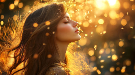 A serene profile of a woman illuminated by golden sunset light, surrounded by dancing particles. This image evokes feelings of calm, beauty, and tranquility. Perfect for inspirational themes.の素材