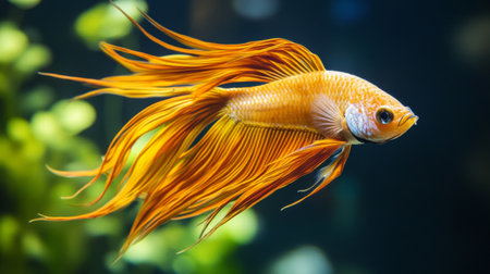 A stunning goldfish glides through a lush aquarium, showcasing its vibrant orange color and flowing fins, perfect for nature and pet enthusiasts.の素材
