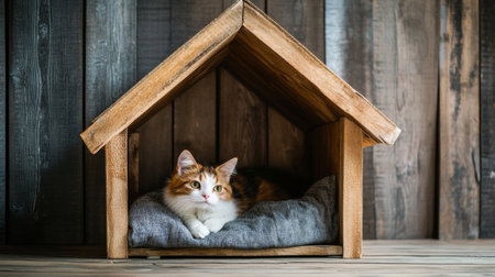 A charming cat rests comfortably inside a wooden house, surrounded by soft bedding. This cozy indoor scene captures the essence of pet comfort and tranquility.の素材