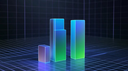 A colorful 3D bar graph set against a digital grid background, representing data analysis and growth. Ideal for technology and business themes.の素材