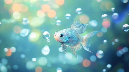 A vibrant goldfish gracefully swims through a serene underwater scene filled with colorful bubbles, creating a beautiful and tranquil atmosphere.の素材