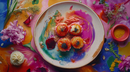 A striking dessert platter featuring colorful sweets on an artistic plate, set against a vibrant background. Perfect for food and culinary imagery.の素材