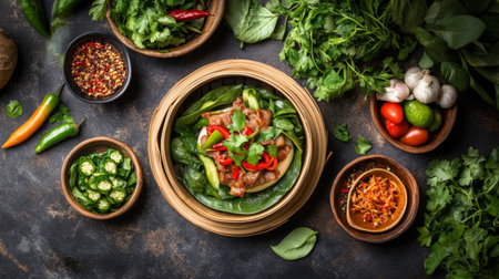 An array of fresh ingredients arranged beautifully for a vibrant culinary dish. Perfect for showcasing healthy cooking and artistic food preparation.の素材