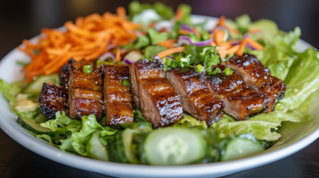 A visually appealing salad featuring juicy grilled meat atop a bed of fresh lettuce and vibrant vegetables, perfect for a healthy meal or gourmet dining option.の素材
