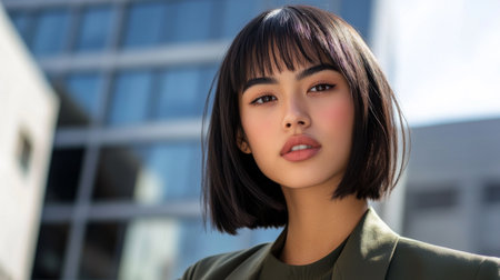 A portrait of a confident young woman with a stylish bob hairstyle, set against an urban backdrop. This image captures beauty, poise, and a modern aesthetic.の素材