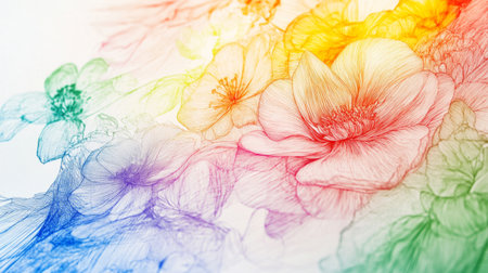 This vibrant floral line art features colorful blossoms in a beautiful illustration, perfect for adding a touch of elegance and creativity to any design project.の素材