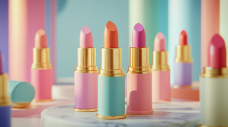 A vibrant display of lipsticks in cheerful pastel tubes against colorful backgrounds, perfect for beauty, fashion, and cosmetic promotions.の素材