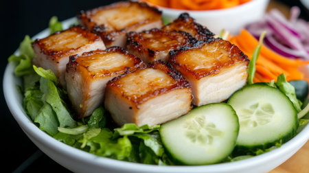 Indulge in a flavorful dish featuring grilled pork belly served on a bed of fresh greens, complemented by vibrant sliced vegetables for a healthy meal.の素材