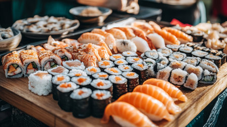 A vibrant arrangement of various sushi types on a wooden platter. Perfect for showcasing Japanese cuisine in dining settings or food promotions.の素材