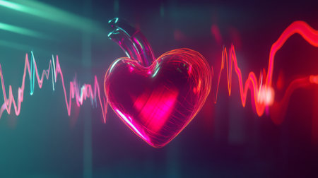 A vibrant glowing heart surrounded by a dynamic pulse wave, symbolizing emotion and connection, perfect for health and love themes in modern design.の素材