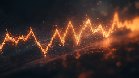 This abstract image features an orange waveform against a dark background, representing energy and sound. Ideal for projects related to technology and design.の素材