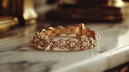 A stunning close-up of an elegant gold bracelet adorned with sparkling diamonds. This luxurious piece showcases intricate design and exquisite craftsmanship, perfect for formal occasions.の素材