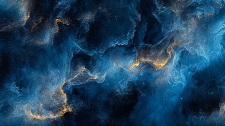 Experience the mesmerizing beauty of cosmic swirls in deep blue and gold tones, creating an ethereal and dreamlike atmosphere perfect for any artistic project.の素材