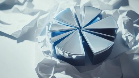 An abstract geometric shape in blue rests on crumpled paper, featuring clean lines and a modern design. The interplay of light and shadows enhances its artistic appeal.の素材