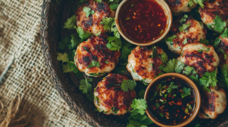 A vibrant platter of savory patties garnished with fresh cilantro and served with rich dipping sauces, perfect for any appetizer spread or gathering.の素材