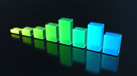 This image features colorful glass bars arranged to show growth trends against a dark background, ideal for business data representation and analytics.の素材