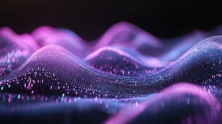 A captivating visual of flowing waves illuminated in vibrant colors, representing data and technology. Ideal for digital and abstract themes.の素材