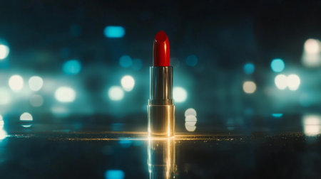 A striking red lipstick stands proudly on a glossy surface, illuminated by soft lights. This image captures the essence of beauty and elegance in cosmetics.の素材
