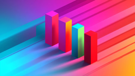 A vibrant 3D bar graph set against a colorful abstract background, symbolizing growth and data analysis. Perfect for business and marketing visuals.の素材