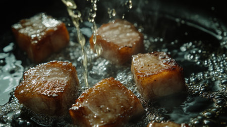 Close-up of pork cubes sizzling in hot oil, creating a delicious, mouthwatering dish. Perfect for recipes focused on savory flavors and cooking techniques.の素材