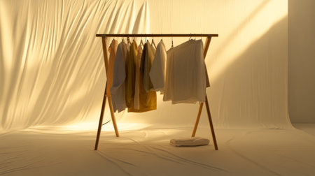 A minimalist clothing rack displaying various garments in soft, warm lighting. This serene setup highlights textures and simplicity in a studio environment.の素材