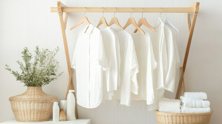 A serene display of fresh white shirts hanging on a wooden rack, complemented by decorative plants and woven baskets, creating a minimalist home atmosphere.の素材