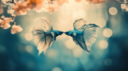This enchanting image features two elegant fish gracefully swimming in a calm underwater scene, surrounded by soft bokeh and delicate floral elements.の素材