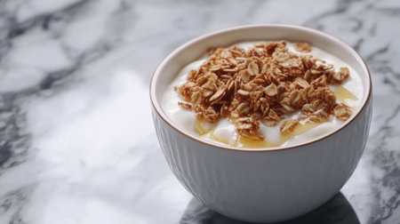 A vibrant bowl filled with creamy yogurt topped with crunchy granola and a drizzle of honey, perfect for a nutritious breakfast or snack.の素材