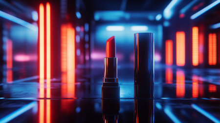 A bold red lipstick elegantly stands in a futuristic setting with vibrant neon lights creating a striking backdrop, perfect for beauty and fashion themes.の素材