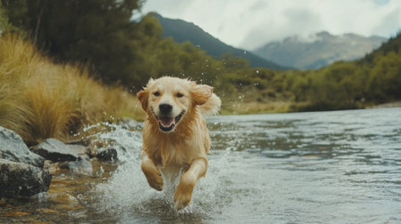 A joyful golden retriever splashes through a river, embodying freedom and playfulness. Surrounded by stunning nature, this scene captures the essence of outdoor adventure.の素材