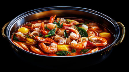 A vibrant seafood dish featuring shrimp and colorful vegetables in a rich broth. Perfect for showcasing culinary creativity and flavor.の素材